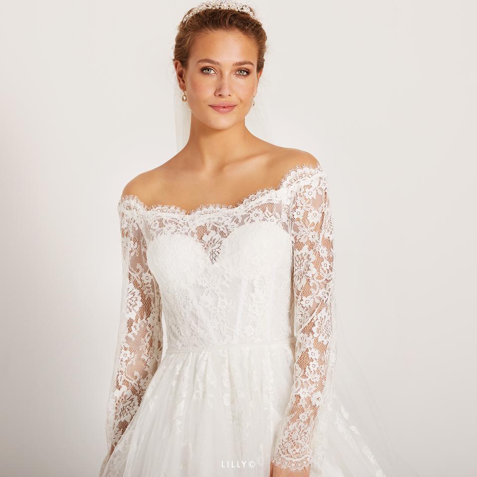 Off Shoulder Wedding dress with Long Lace Sleeves