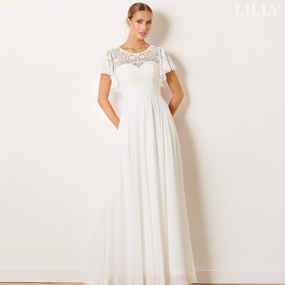 Wedding dress with flutter wing sleeves